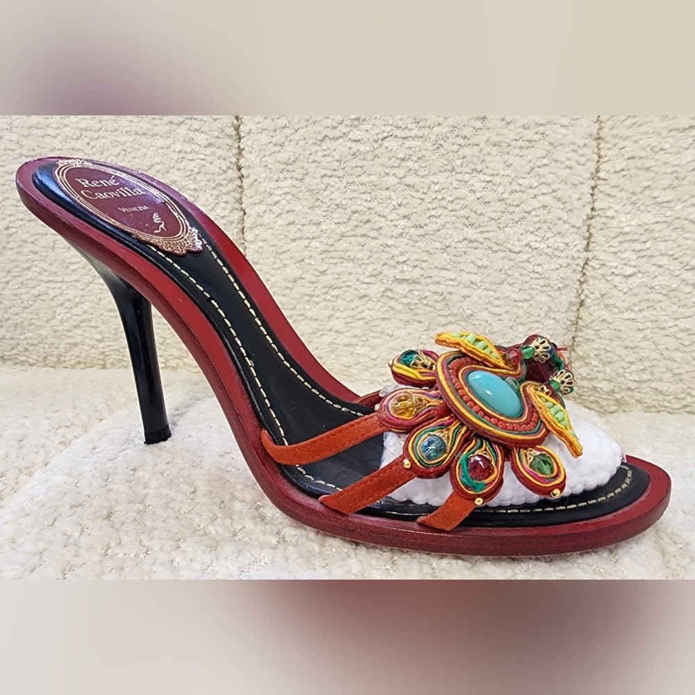 Rene Caovilla Red Beaded Multicolor Embellished Sandals Heels Size 37